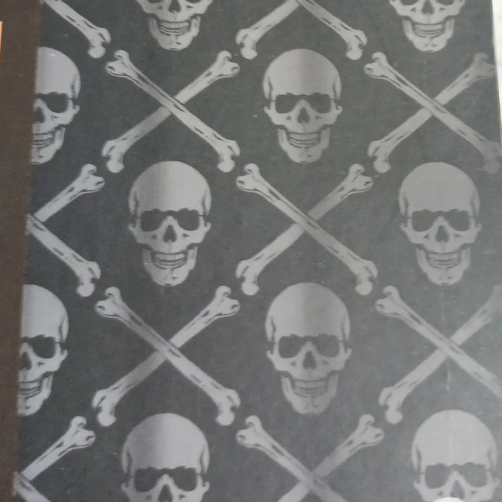 Shower liner black with gray skulls and crossbones print